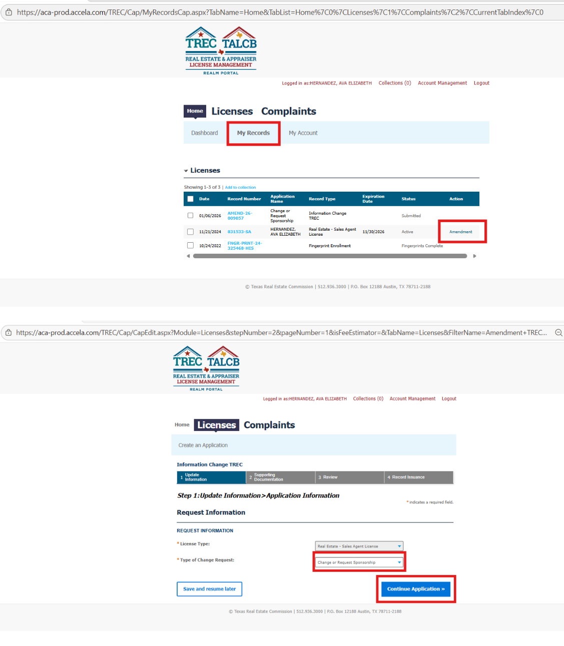 TREC My Records showing license and Amendment button
