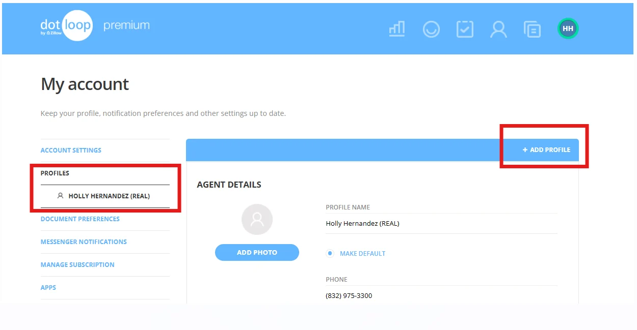 Dotloop My Account page showing Profiles section and + ADD PROFILE button