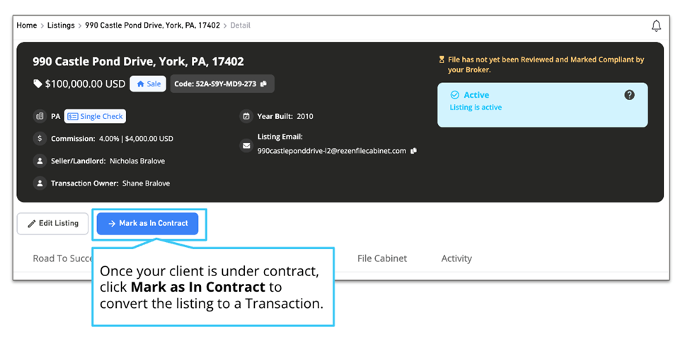 Mark as In Contract button