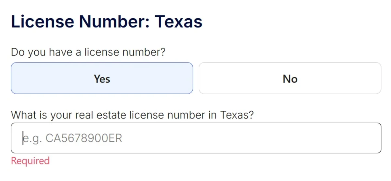 License number entry form