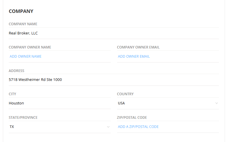 Dotloop Company section with Real Broker LLC information filled in