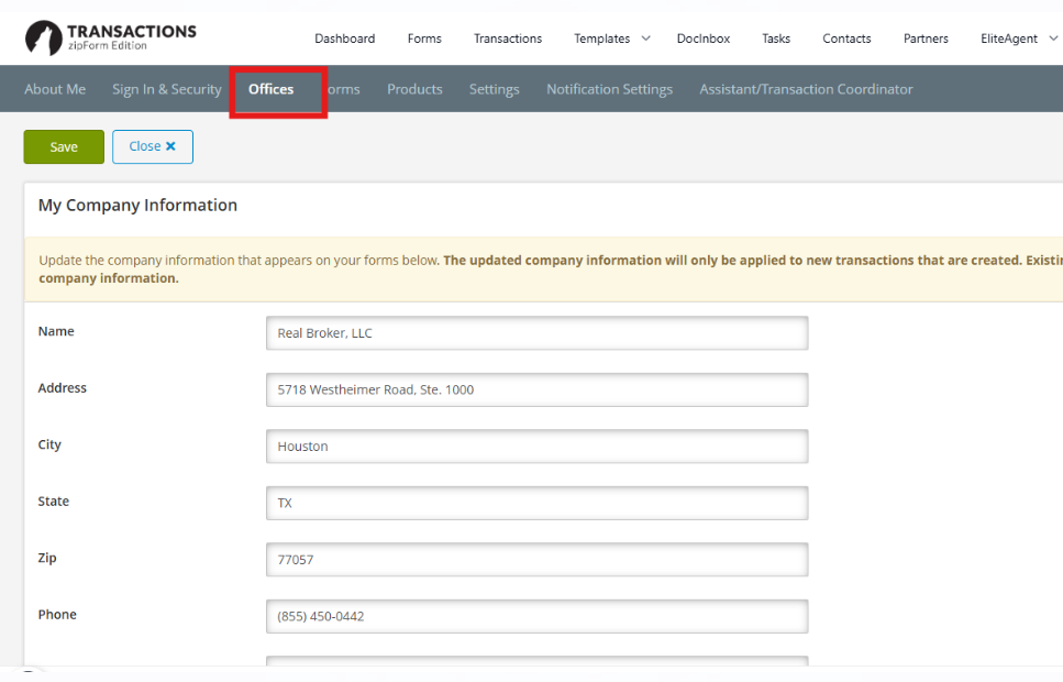 Zipform Offices tab showing Real Broker company information