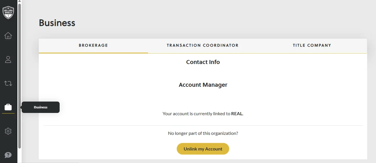 Sellers Shield Business page showing account linked to REAL