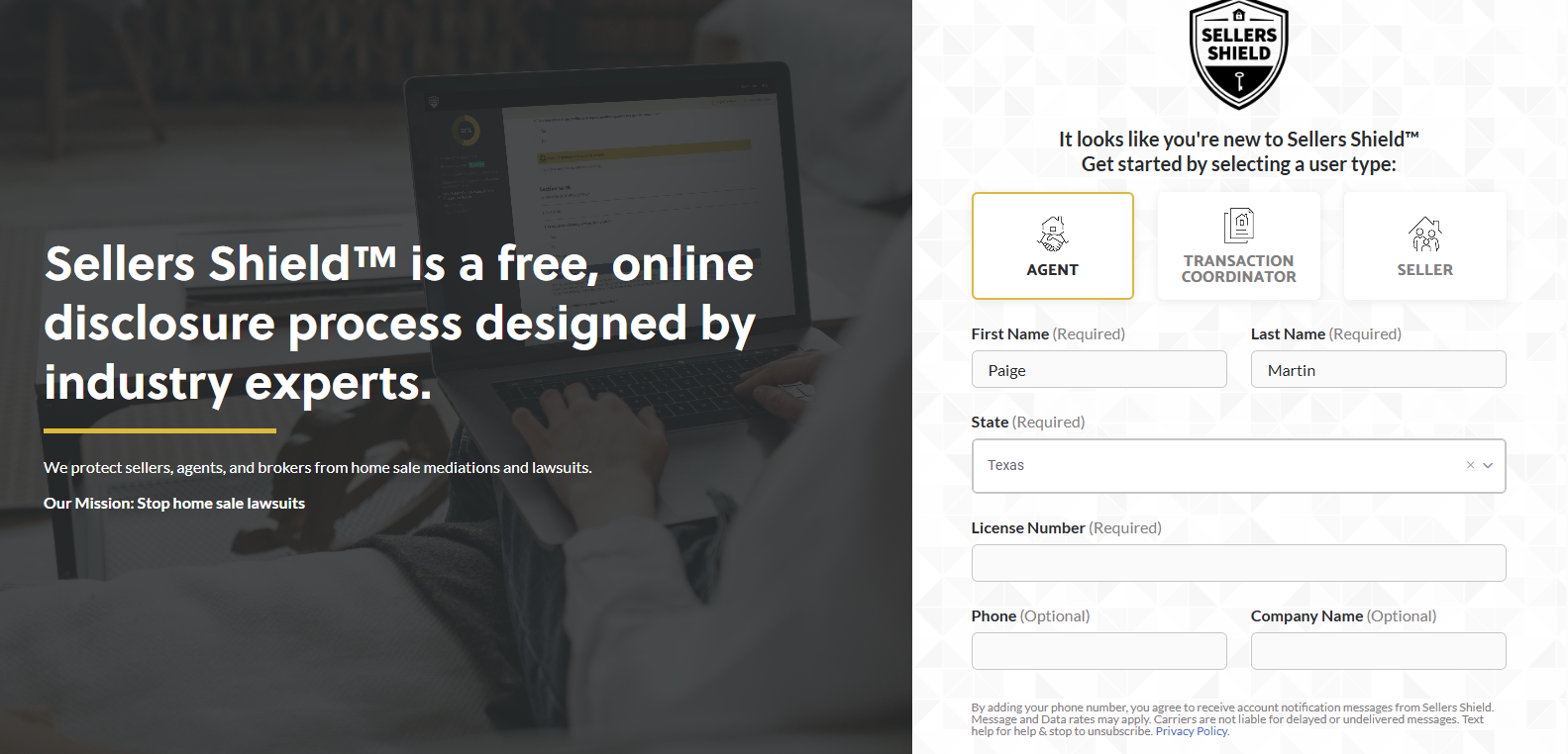 Sellers Shield signup page with Agent role selected